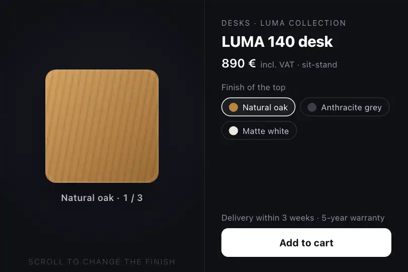 Three finishes to scroll through — configurator of a desk — Image Sequence example 2