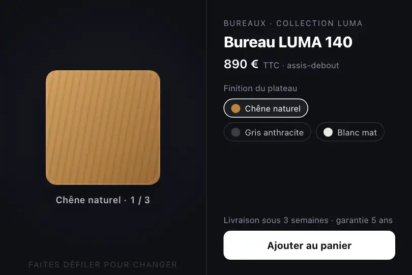 Trois finitions à faire défiler — configurateur d'un bureau — Image Sequence exemple 2