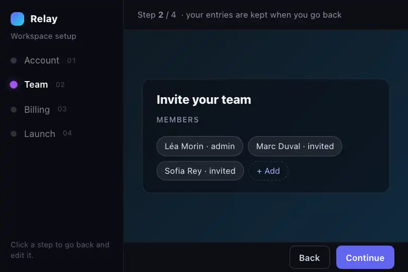 Four-step SaaS onboarding form — going back to fix the Team step — Scroll Snap Sections example 2