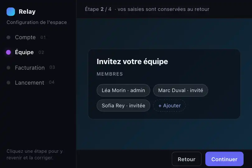 Formulaire d'intégration SaaS en quatre étapes — revenir corriger l'étape Équipe — Scroll Snap Sections exemple 2