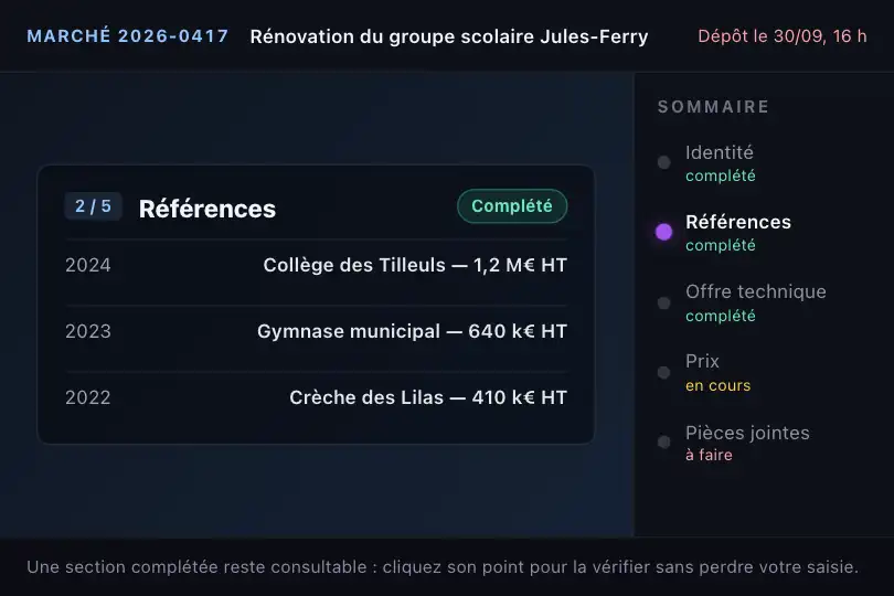 Portail de candidature à un appel d'offres public — vérifier une section complétée — Scroll Snap Sections exemple 3