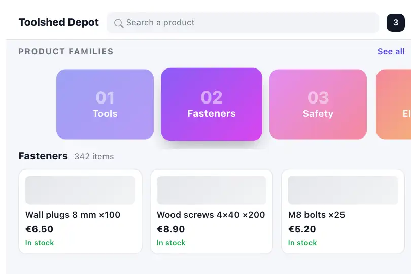Product families of a mobile catalog — 01 Tools, 02 Fasteners, 03 Safety… — Horizontal Scroll example 1