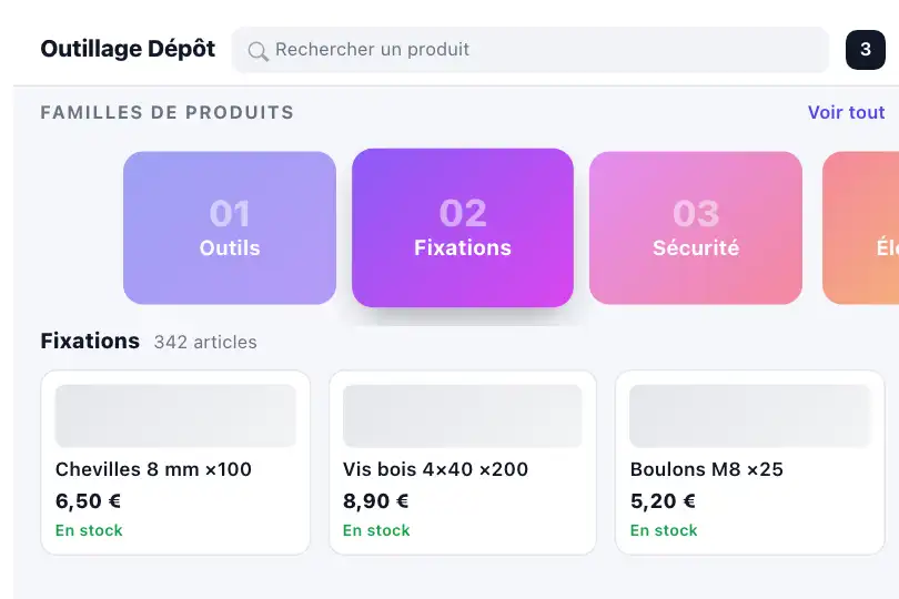Familles de produits d'un catalogue mobile — 01 Outils, 02 Fixations, 03 Sécurité… — Horizontal Scroll exemple 1