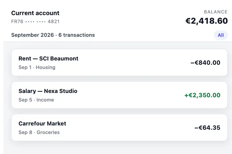 Transaction history in a bank statement — each transaction fades in and stays at the edge of the stack — Card Stack example 1