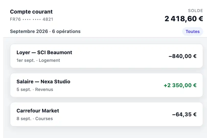 Historique de transactions dans un relevé bancaire — chaque opération entre en fondu et reste en bord de pile — Card Stack exemple 1