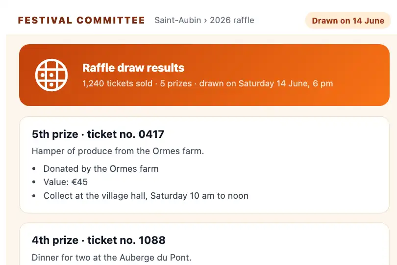 Raffle results of a village festival committee — the drum turns while the prizes reveal themselves, from the fifth to the first — Split Screen Sticky example 1