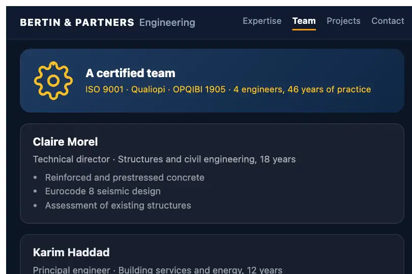 Engineering firm team page — the certification gear turns as the profiles go by — Split Screen Sticky example 2