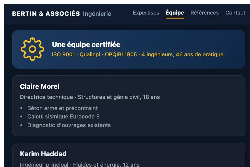 Page équipe d'un cabinet d'ingénierie — l'engrenage des certifications tourne au fil des profils — Split Screen Sticky exemple 2
