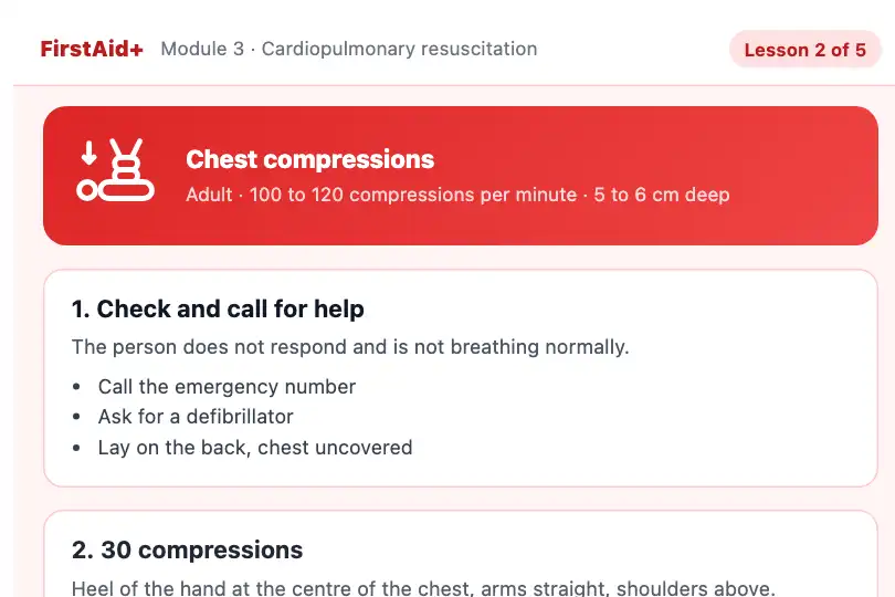 First-aid gestures learning module — the chest-compression pictogram pivots with the steps — Split Screen Sticky example 3