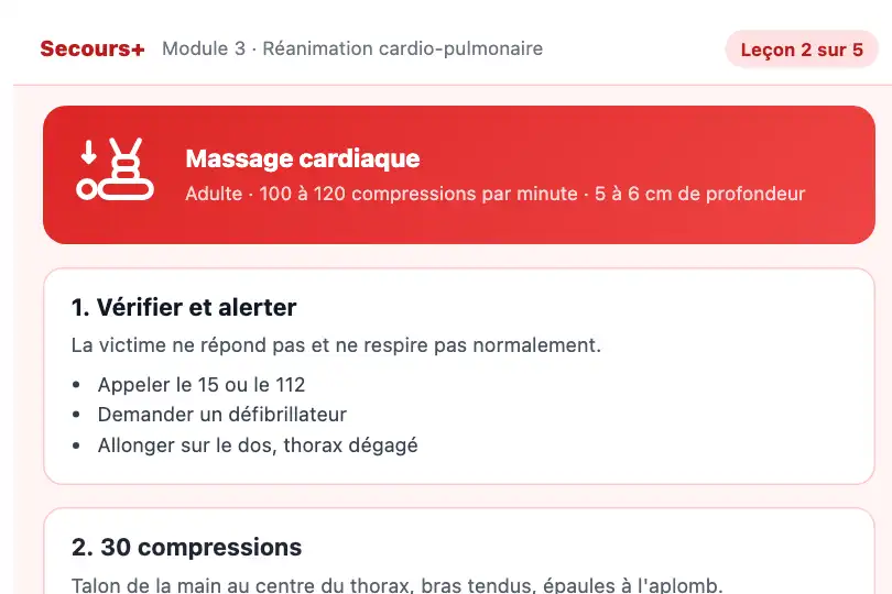 Module d'apprentissage des gestes de premiers secours — le pictogramme du massage cardiaque pivote avec les étapes — Split Screen Sticky exemple 3