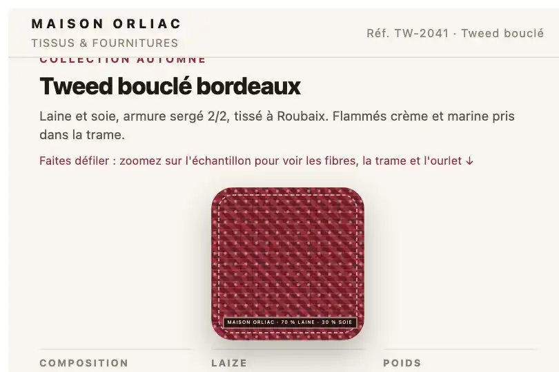 Zoom sur la matière d'un tissu de haute couture — fiche produit d'une boutique en ligne — Zoom In Sticky exemple 2