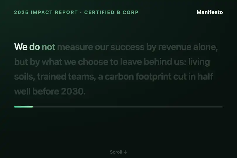 Headline quote of a sustainability report — manifesto of a B Corp company — Text Highlight Scroll example 1