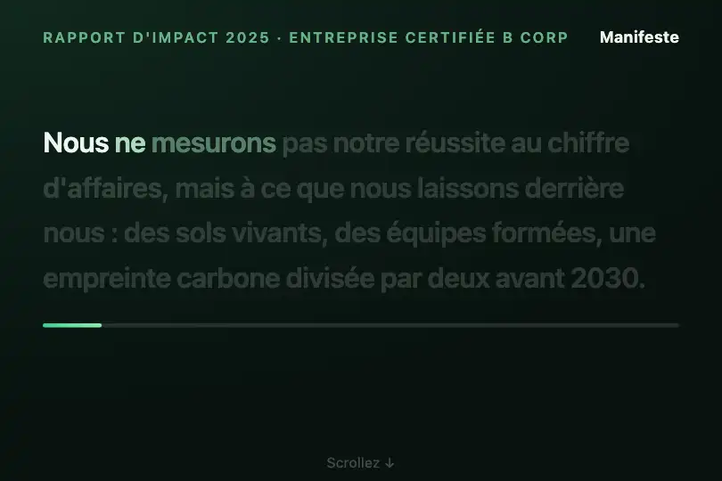 Citation phare d'un rapport de durabilité — manifeste d'une entreprise B Corp — Text Highlight Scroll exemple 1