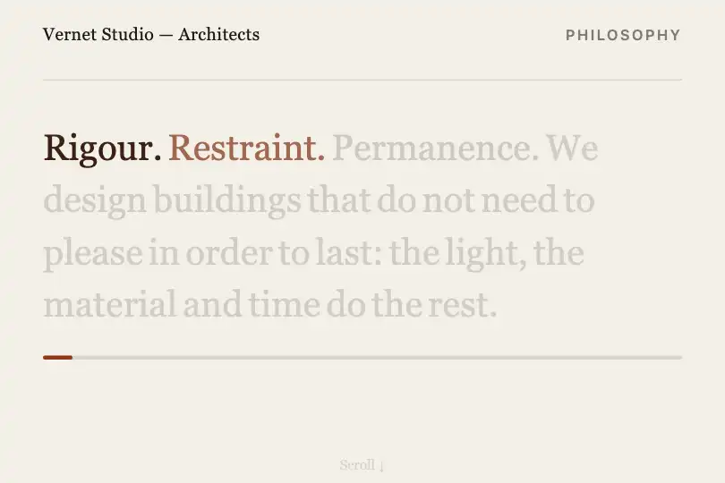 Values charter of an architecture studio — Philosophy page — Text Highlight Scroll example 2