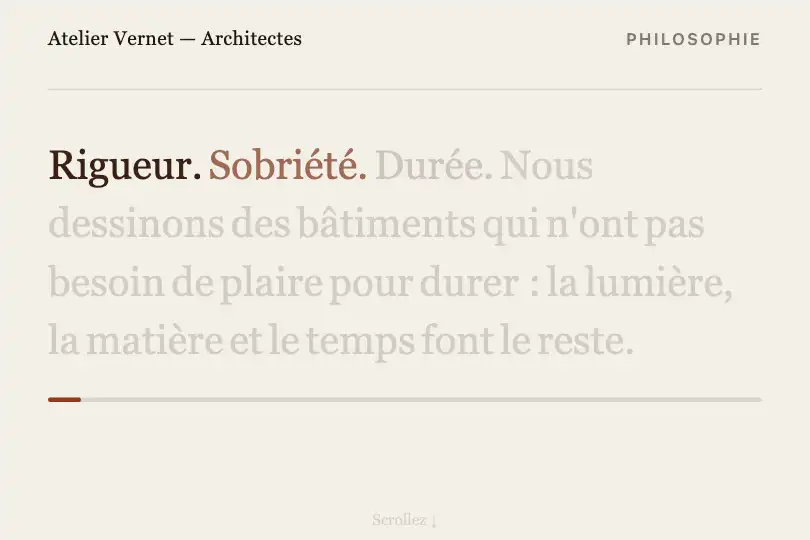 Charte de valeurs d'un cabinet d'architectes — page Philosophie — Text Highlight Scroll exemple 2