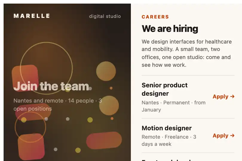 Careers section of a design studio — parallax volumes on the left, job offers scrolling on the right — Layered Parallax example 1