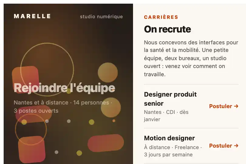 Section recrutement d'un studio de design — volumes en parallaxe à gauche, offres qui défilent à droite — Layered Parallax exemple 1