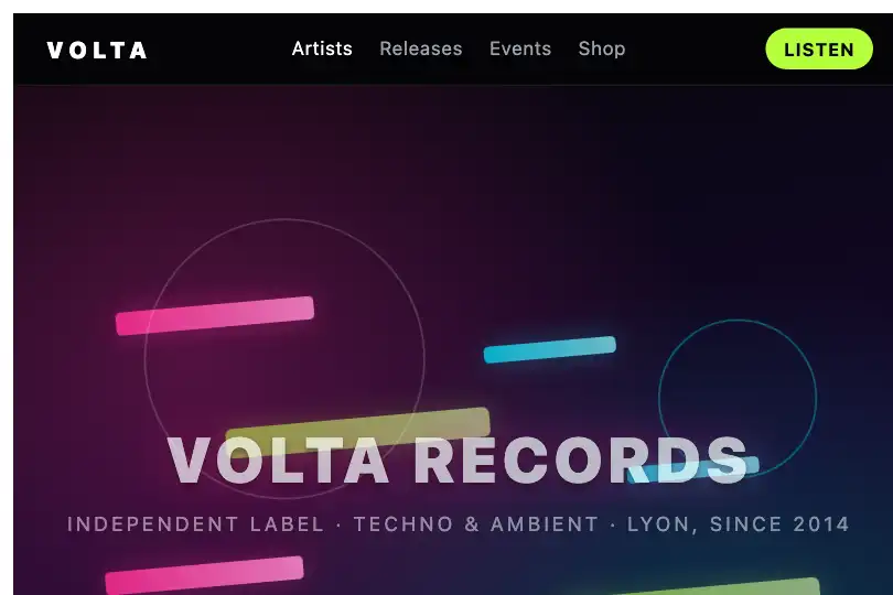 Visual world of an electronic music label — bars of color like stacked tracks — Layered Parallax example 2