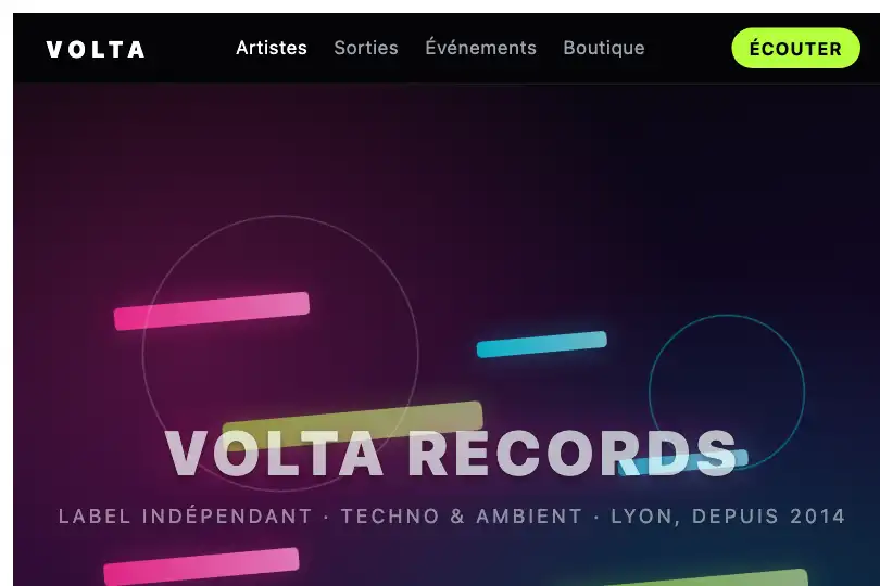Univers visuel d'un label de musique électronique — des barres de couleur comme des pistes superposées — Layered Parallax exemple 2