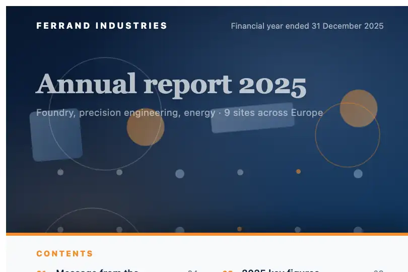 Web cover of an annual report — the “Contents” sheet rises over a moving cover — Layered Parallax example 3