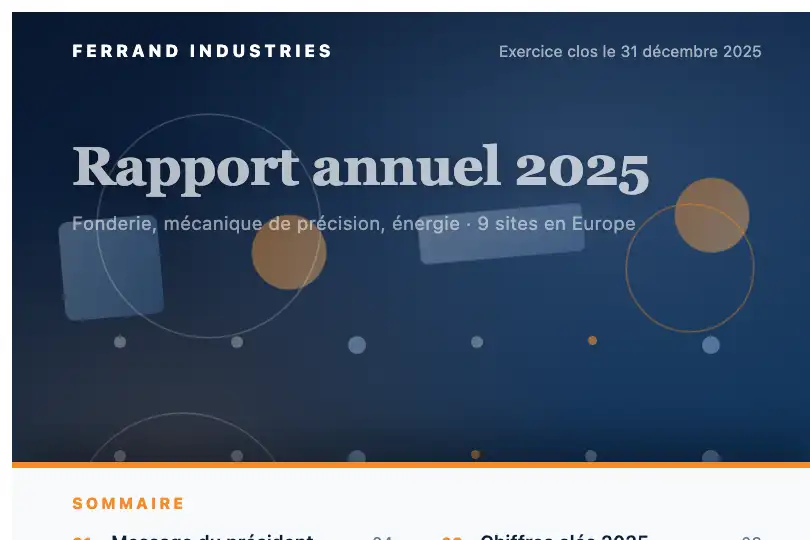 Couverture d'un rapport annuel en format web — la feuille « Sommaire » monte sur une couverture qui bouge — Layered Parallax exemple 3