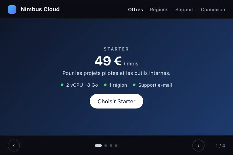 Comparatif d'offres cloud pour grandes entreprises — une offre par écran — Horizontal Snap exemple 1