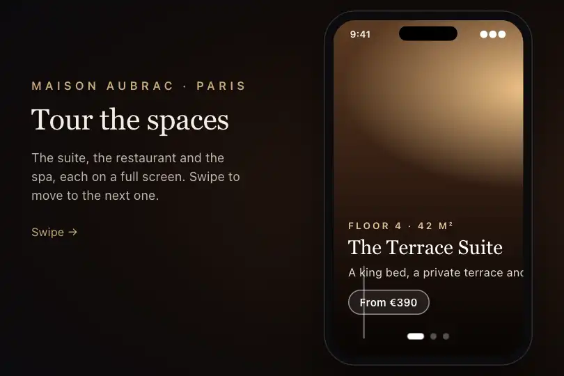 Guided tour of a boutique hotel's spaces — one space per swipe — Horizontal Snap example 2