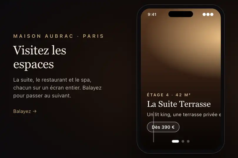 Visite guidée des espaces d'un hôtel-boutique — un espace par balayage — Horizontal Snap exemple 2