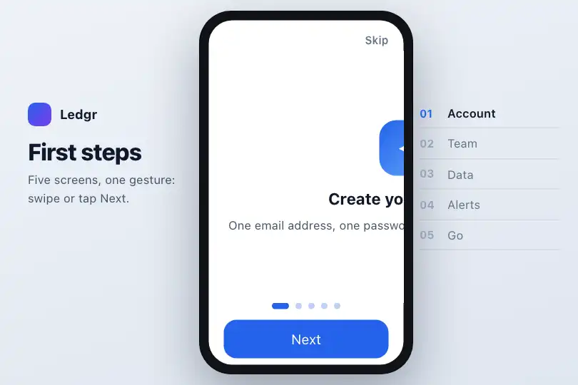 First-steps tutorial of a mobile app — five screens, one gesture — Horizontal Snap example 3