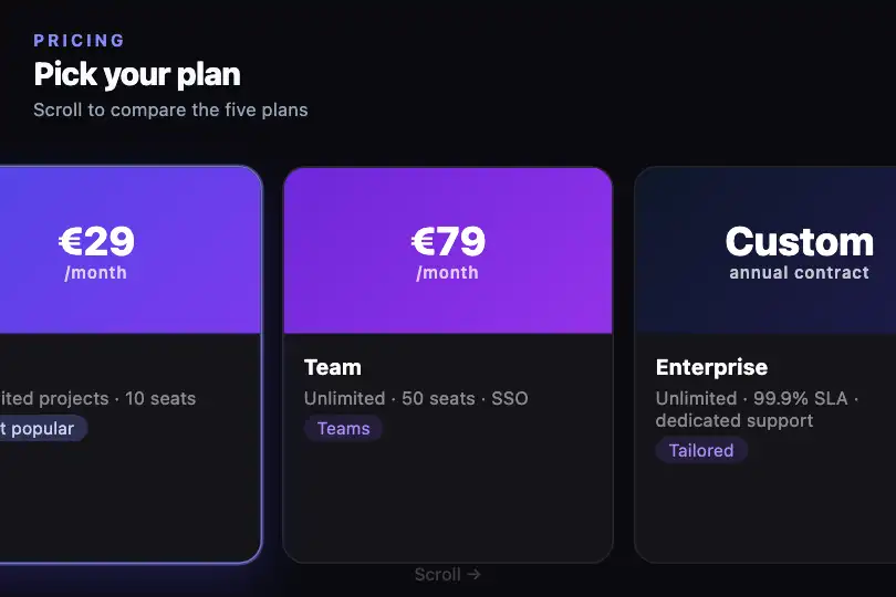SaaS subscription plan comparator — five plans in a 540 px track — Card Snap Carousel example 1