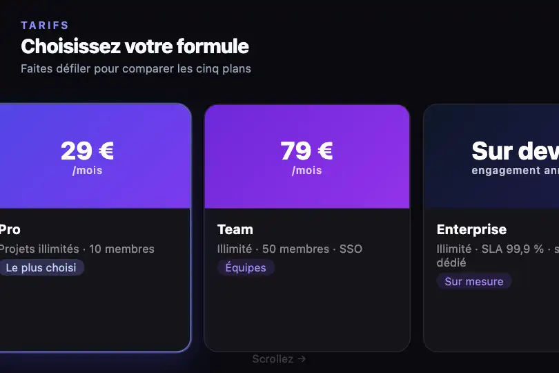 Comparateur de formules d'abonnement SaaS — cinq plans dans une piste de 540 px — Card Snap Carousel exemple 1
