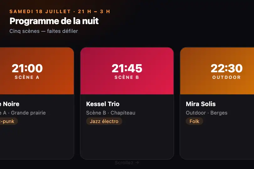 Programme d'un festival de musique indépendant — une scène et un horaire par carte — Card Snap Carousel exemple 2