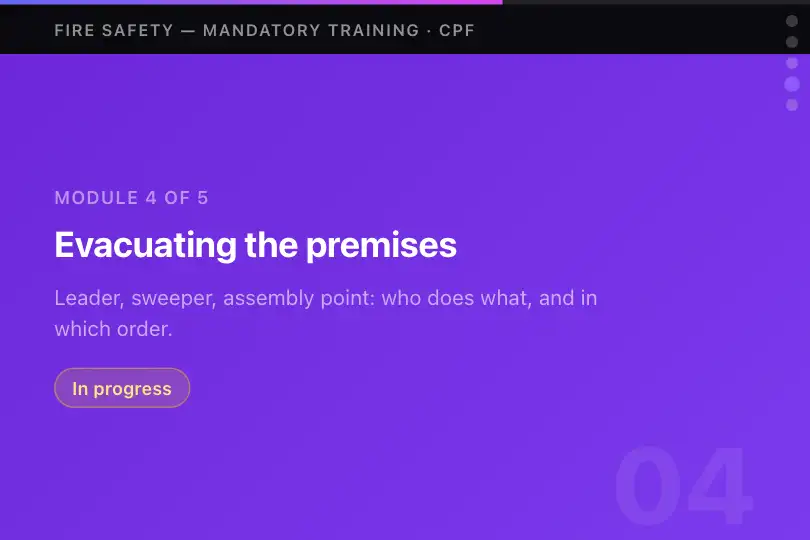 Fire safety certification — five mandatory modules tracked by the bar — Snap + Progress example 1