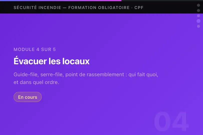 Certification sécurité incendie — cinq modules obligatoires suivis à la barre — Snap + Progress exemple 1