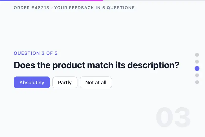 Post-delivery satisfaction survey — five questions, one per screen — Snap + Progress example 2