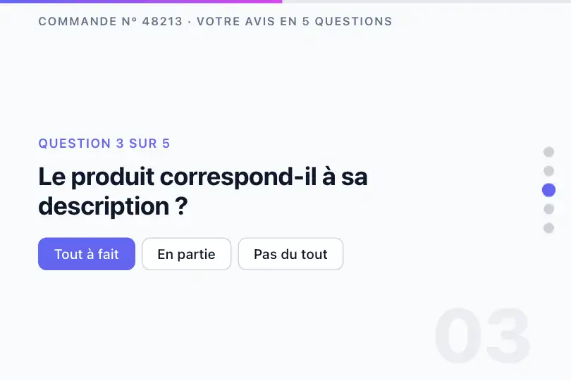 Questionnaire de satisfaction après livraison — cinq questions, une par écran — Snap + Progress exemple 2
