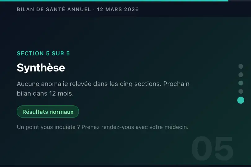 Bilan de santé annuel — cinq sections et un accès direct à la synthèse — Snap + Progress exemple 3