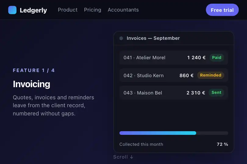 Feature-by-feature demo — product page of an accounting app — Smooth Snap example 1