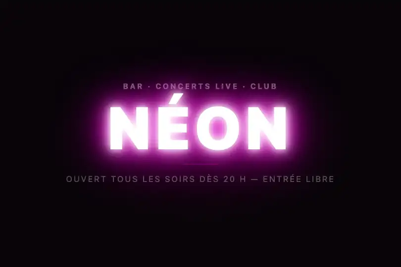 Enseigne de vitrine — Landing page bar ou salle de concert — Neon Flicker exemple 1