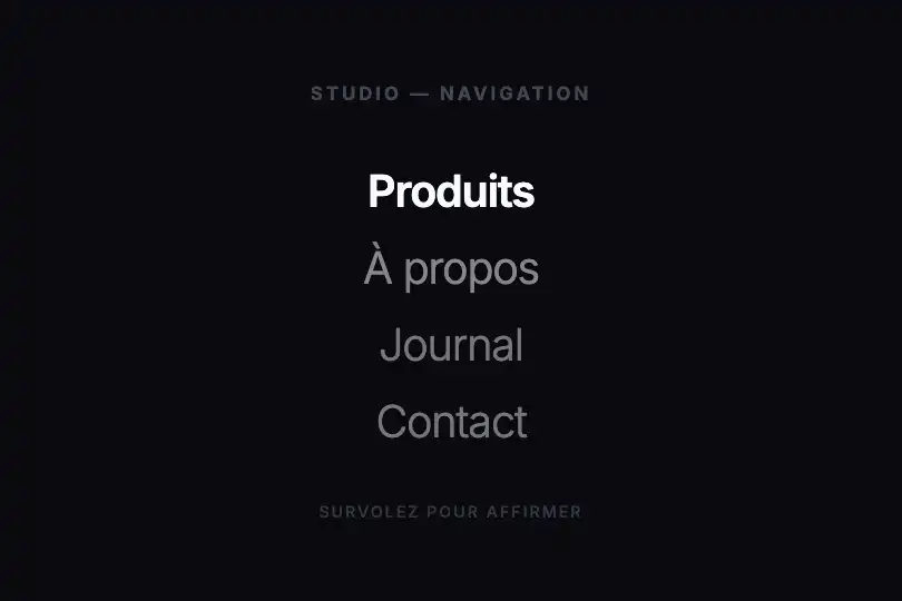 Navigation minimaliste — Liens qui s'affirment au survol — Variable Font Weight exemple 2