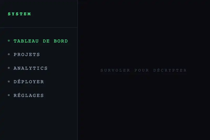 Composant UI — Items de navigation à déchiffrement — Scramble Text exemple 2
