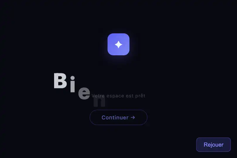 Écran de bienvenue — Nom de l'app au démarrage — Letter Slide Up exemple 3