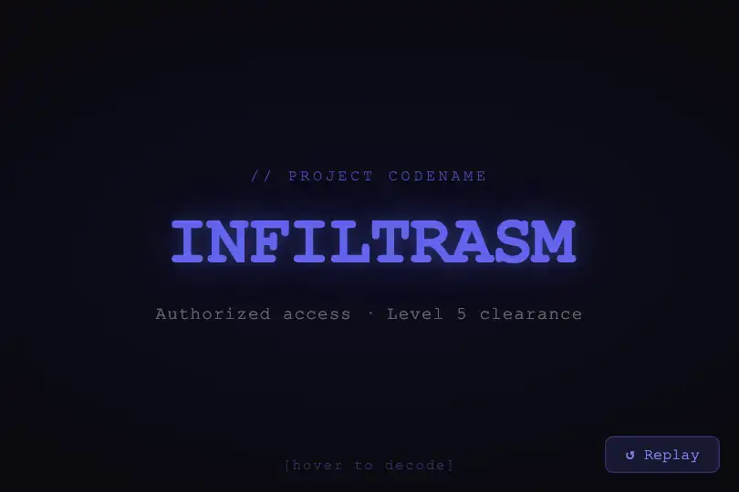 Dark landing page — Code name deciphering on hover — Scramble Text example 1