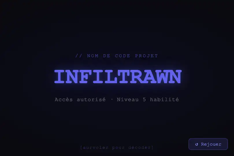 Page d'accueil sombre — Nom de code qui se déchiffre — Scramble Text exemple 1