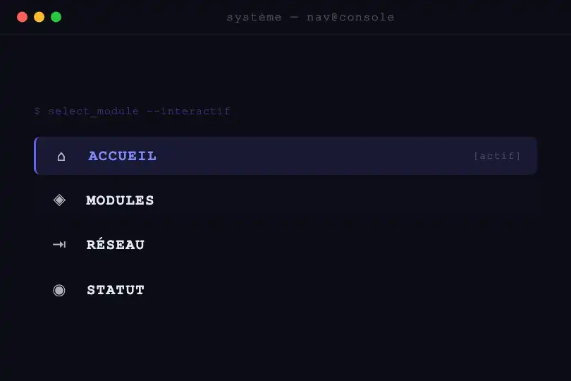 Menu de navigation terminal — Liens qui scramblent au survol — Scramble Text exemple 2