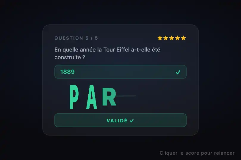 Révélation de score — Résultat de quiz lettre par lettre — Elastic Bounce Letters exemple 2