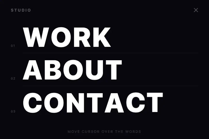 Full-screen menu — Magnetic navigation items — Magnetic Cursor Text example 3