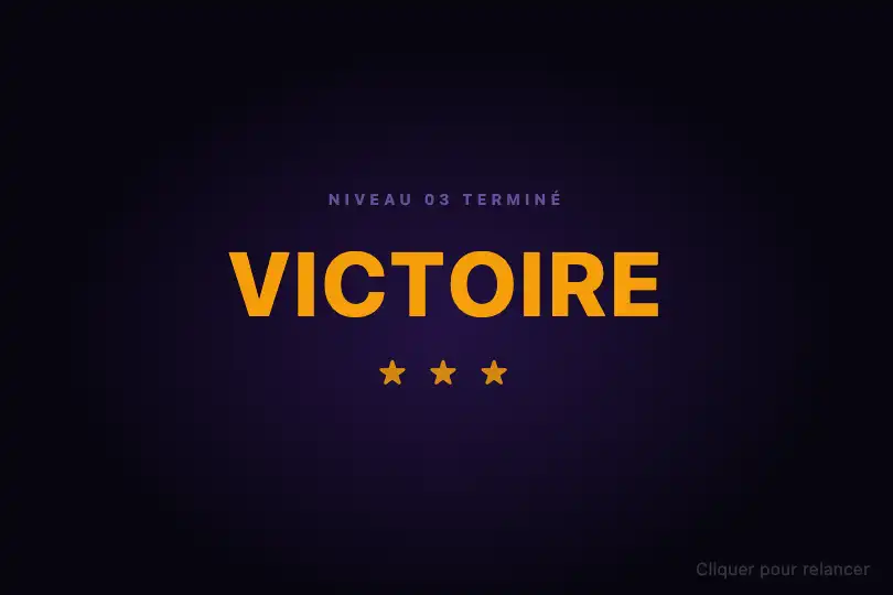 Écran titre de jeu — VICTOIRE s'écrase dans la scène — Gravity Drop Text exemple 3