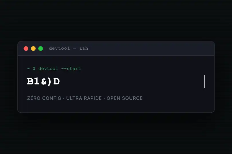 Hero terminal — Landing page outil CLI — Typewriter Glitch exemple 1