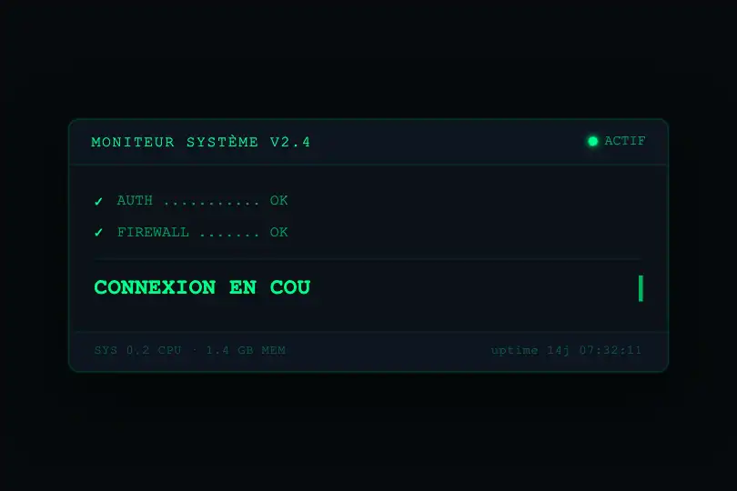 Écran de démarrage — Dashboard système rétro — Typewriter Glitch exemple 2